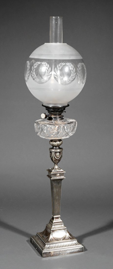 English Silverplate and Cut Glass Banquet Lamp: Antique English Silverplate and Cut Glass Banquet Lamp, late 19th c., Walker & Hall, Sheffield, font over fluted columnar standard, wreath etched globe, h. 35 in., dia. 10 in