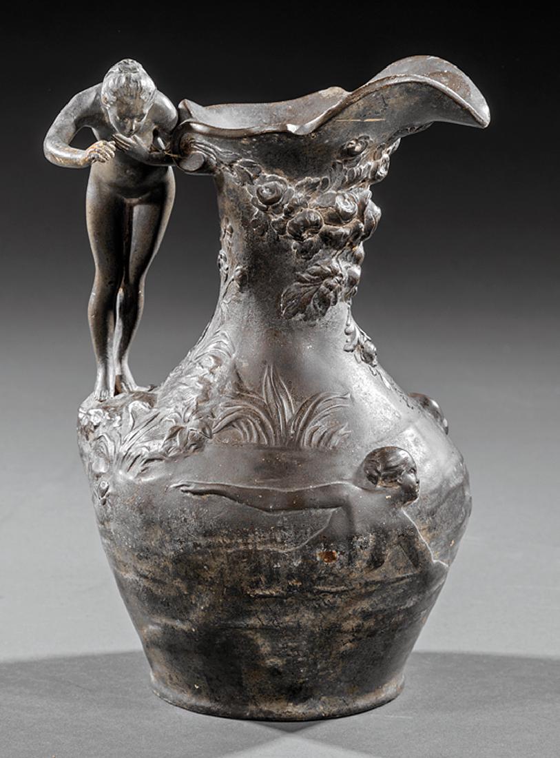 Art Nouveau Patinated Metal Ewer: Art Nouveau Patinated Metal Ewer, c. 1900, figural handle, body relief decorated with female nudes swimming amid water reeds, signed "Ch. Perron", probably for Charles Théodore Perron (French, 1862-1