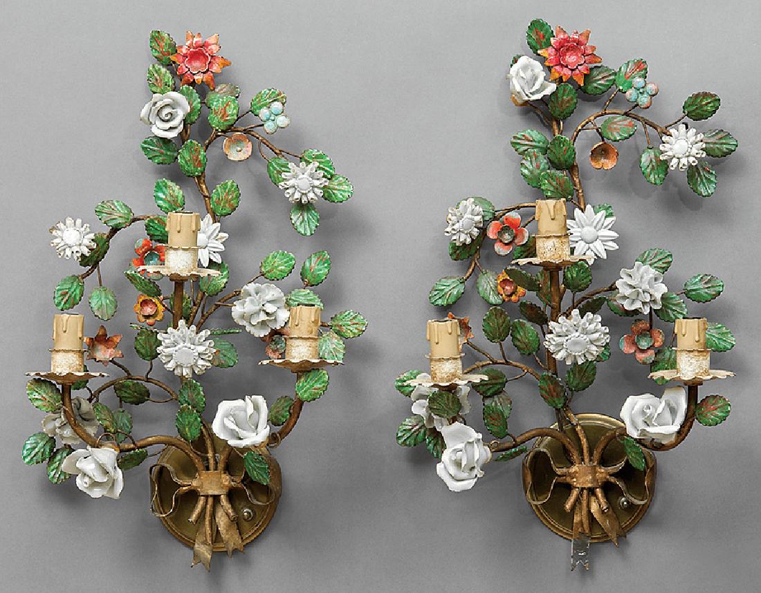 Tole Peinte and Porcelain-Mounted Sconces: Pair of Continental Tole Peinte and Porcelain-Mounted Three-Light Sconces, 20th c., bouquet form backplate, electrified, h. 19 in., w. 11 in., d. 6 in. Provenance: Estate of Stefanie C. Golden, Floren