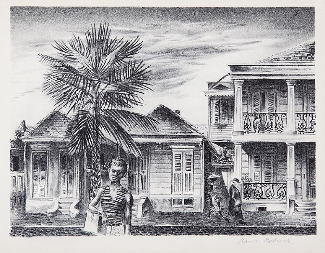 Aaron Bohrod (American/Wisconsin, 1907-1992): Aaron Bohrod (American/Wisconsin, 1907-1992), "New Orleans Street Scene", 1938, lithograph on paper, pencil-signed lower margin, sheet 9 1/2 in. x 9 1/2 in., unframed