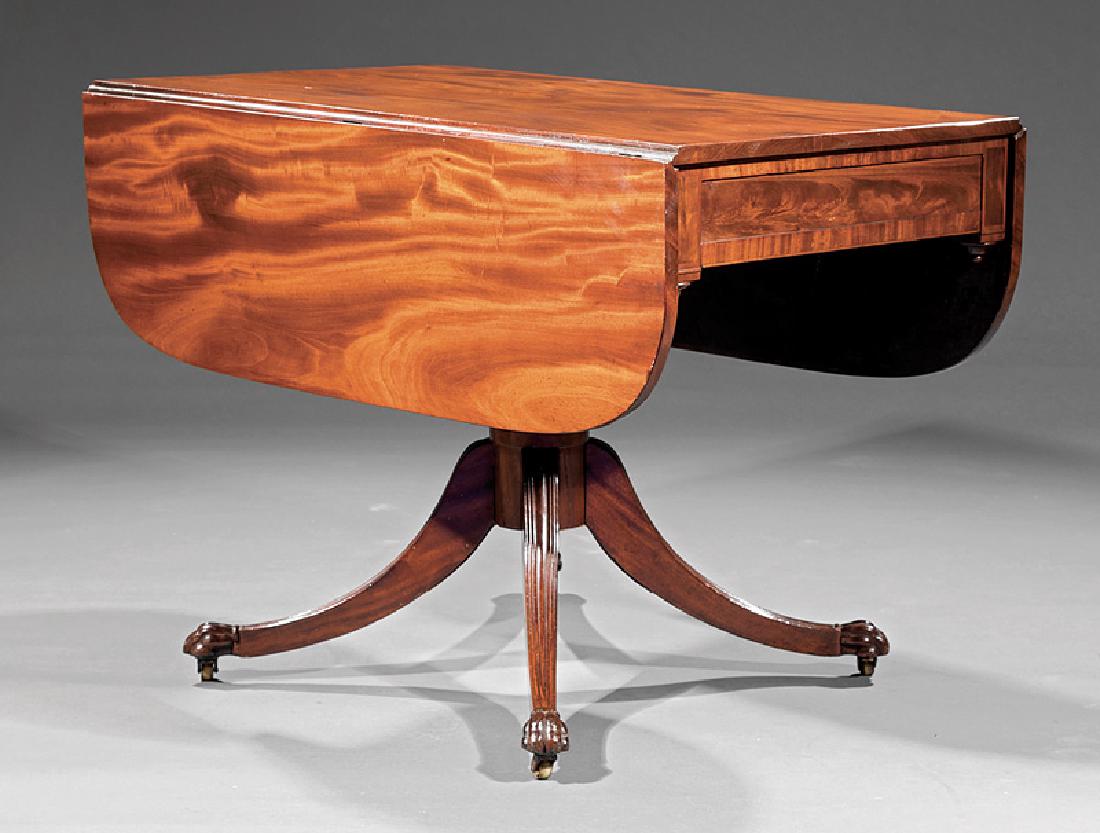 Mahogany Breakfast Table attr. Phyfe: American Late Federal Santo Domingo or Cuban Carved Mahogany Breakfast Table, c. 1810, attr. to Duncan Phyfe, New York, highly figured drop leaf top, one frieze drawer, pendant drops, reeded vasiform