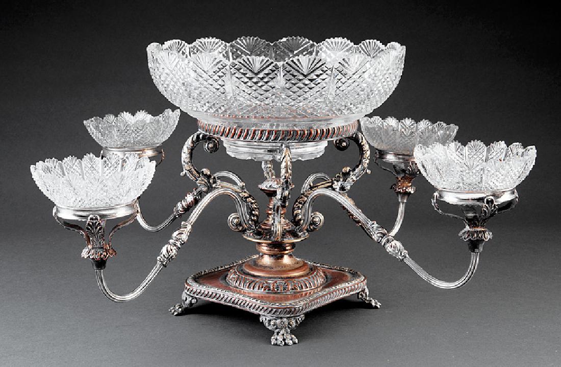Israel Freeman & Son Silverplate Epergne: English Silverplate Epergne in the Regency Taste, Israel Freeman & Son, London, founded 1928, with Anglo-Irish cut glass bowls, h. 11 3/4 in., w. 24 in