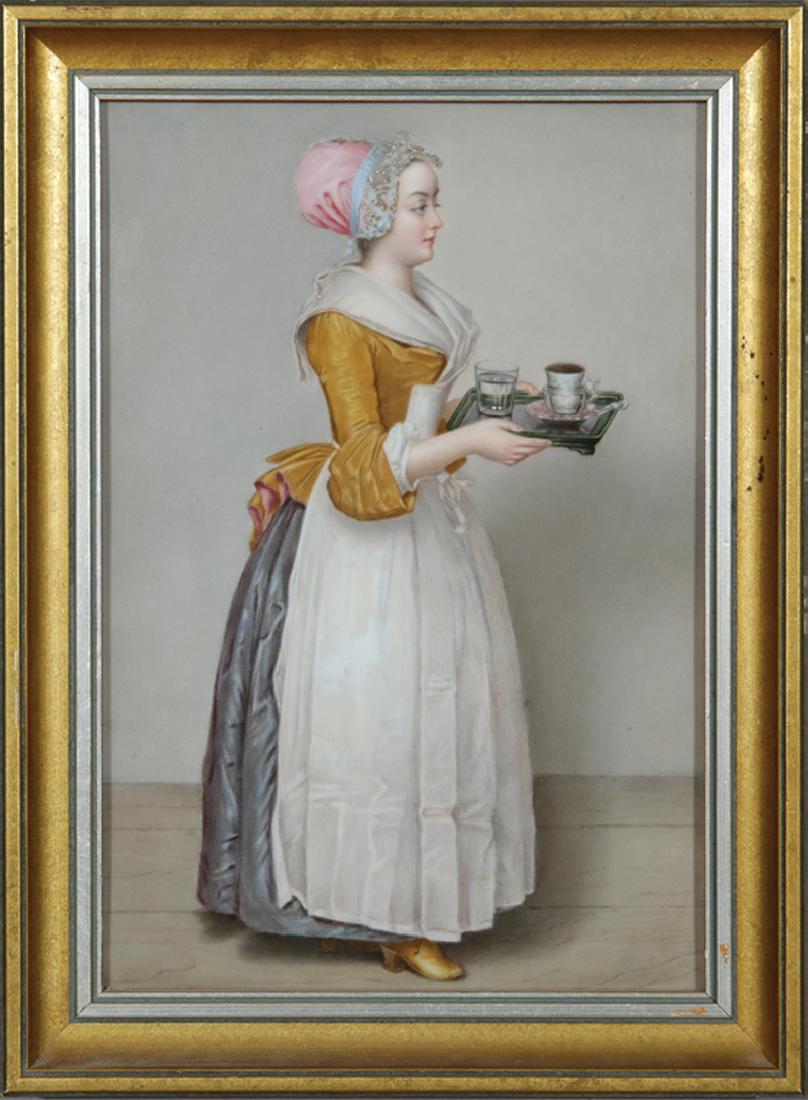 KPM Porcelain Plaque of "Das Schokoladenmadchen": KPM Porcelain Plaque of "Das Schokoladenmadchen" or "La Belle Chocolatiere", late 19th/early 20th c., impressed scepter mark over "KPM", "H" and ".I.", with oval stamp, possibly reading "Franz Till /