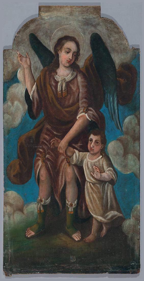 Spanish Colonial School, mid-17th/19th c.: Spanish Colonial School, mid-17th/19th c., "Archangel and Child, possibly Raphael with Tobias", oil on canvas, unsigned, indistinctly inscribed en verso, 40 1/2 in. x 23 in., unframed