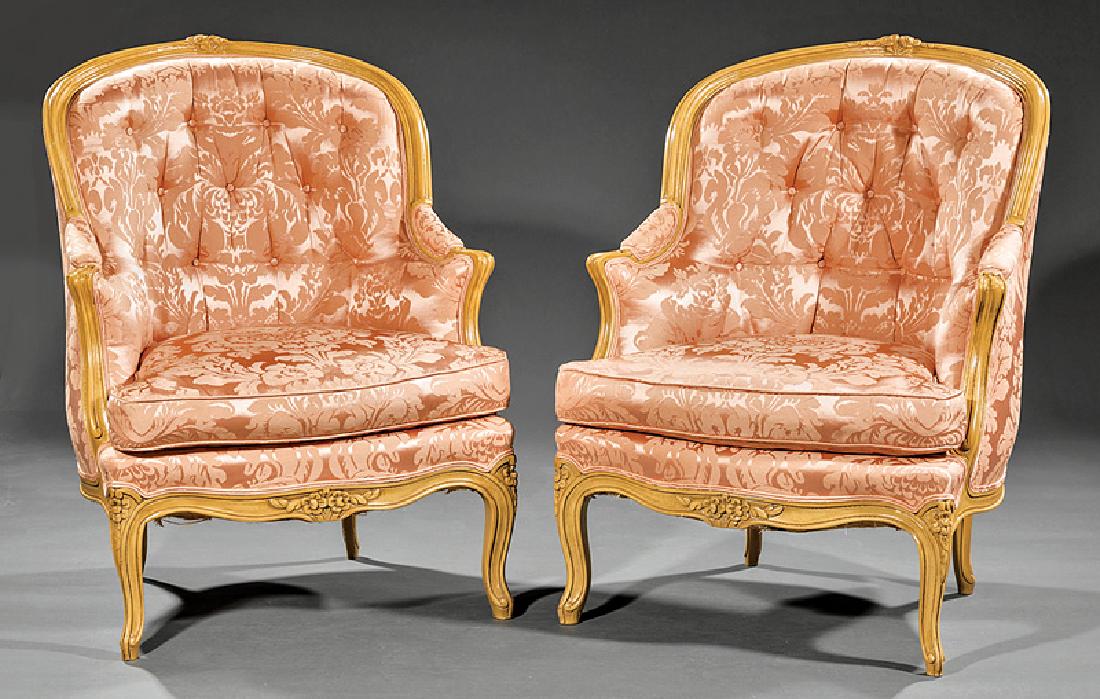 Louis XV-Style Creme Peinte Bergeres attr Jansen: Pair of Louis XV-Style Creme Peinte Bergeres, attr. to Maison Jansen, horseshoe back and arms, serpentine seat rail, cabriole legs, loose cushions, h. 38 1/2 in., w. 30 in., d. 27 in