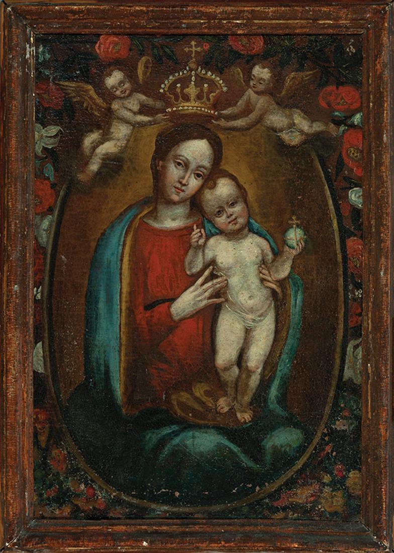 Spanish Colonial School, mid-17th/19th c.: Spanish Colonial School, mid-17th/19th c., "Queen of Heaven", oil on canvas, unsigned, inscribed "272" en verso, 29 1/2 in. x 20 1/2 in., antique frame