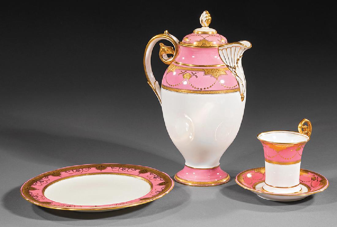 Mintons Pink and Gilt Porcelain Dessert Service: Mintons Pink and Gilt Decorated Porcelain Dessert Service, late 19th/early 20th c., crown over globe marks, ret. by Tiffany & Co. and Davis Collamore & Co., incl. coffee pot, 11 plates, 11 coffee cups