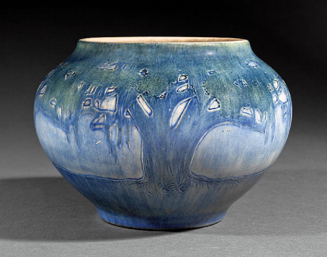 Newcomb College Art Pottery Vase: Newcomb College Art Pottery Vase, 1913, decorated by Sadie Irvine with a landscape design of moss-laden live oaks, matte glaze with blue and green underglaze, base marked with Newcomb cipher, decorato