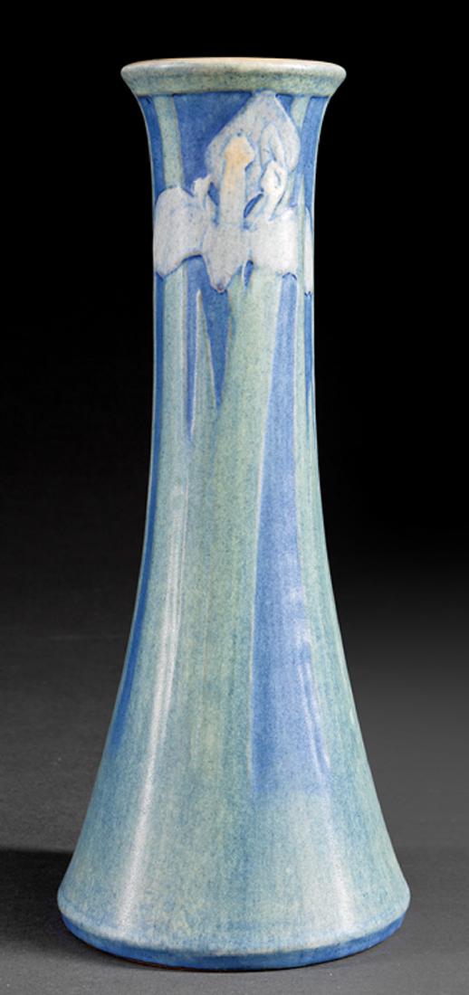 Newcomb College Art Pottery Vase: Newcomb College Art Pottery Vase, 1918, decorated by Sadie Irvine with Louisiana irises in low relief, matte glaze with blue, green, pink and yellow underglaze, base marked with Newcomb cipher, decora