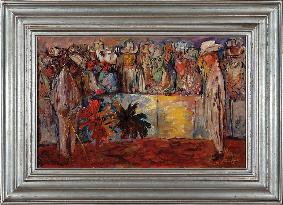 Palmer Schoppe (American/California, 1912-2001): Palmer Schoppe (American/California, 1912-2001), "Saturday Afternoon (Cock Fight)", 1964, oil on canvas, signed and dated lower right, signed, titled, dated and "The Charleston Renaissance Gallery" la