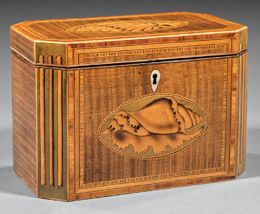 George III Inlaid Mahogany Tea Caddy: George III Inlaid Mahogany Tea Caddy, early 19th c., canted corners, seashell inlay, interior with lidded compartments, h. 5 1/8 in., w. 7 1/2 in., d. 4 1/2 in