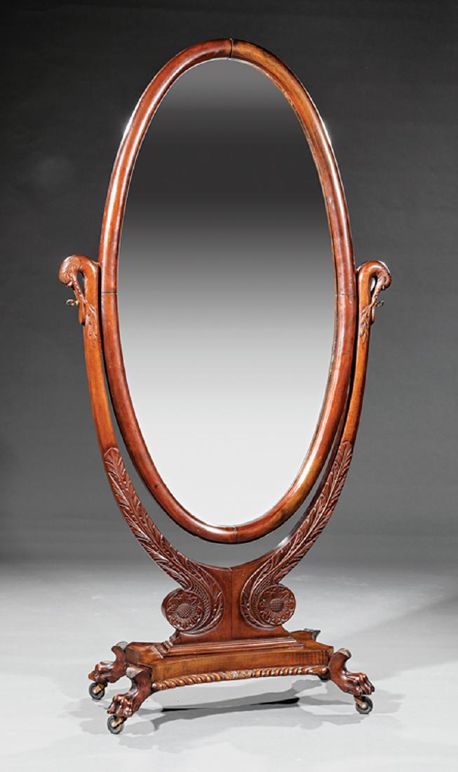 Late Classical Carved Mahogany Cheval Mirror: Antique American Late Classical Carved Mahogany Cheval Mirror, late 19th c., oval mirror frame, swan's neck supports, acanthus carved base with rosettes, incurvate plinth, gadrooned molding, paw feet,