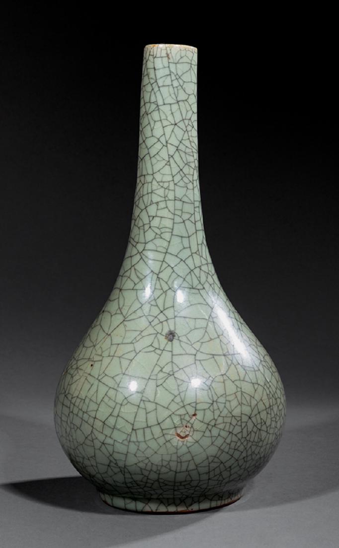 Chinese Crackle-Glazed Celadon Stoneware Vase: Chinese Ge-Style Crackle-Glazed Celadon Stoneware Bottle Vase, probably 19th c., overall "iron wire" crackle, h. 14 3/4 in., stand, overall h. 16 1/8 in