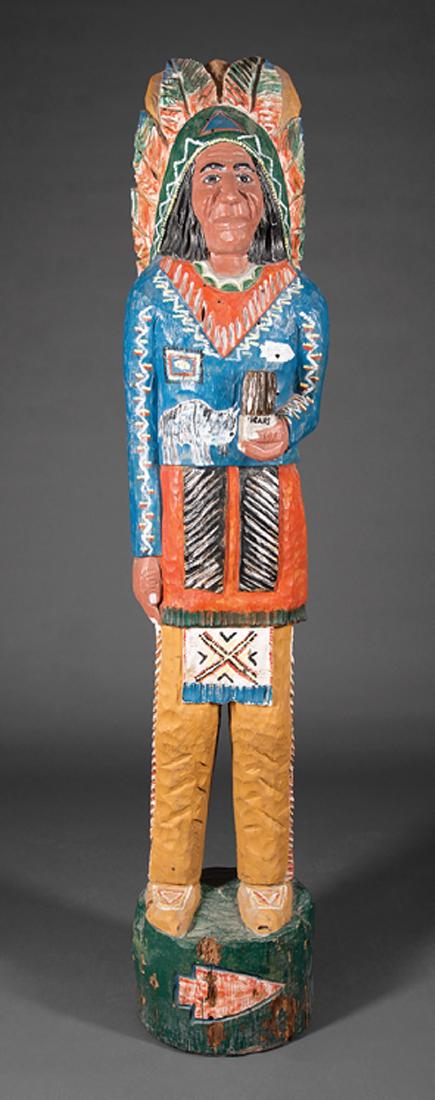 Carved and Polychromed Wood Cigar Store Indian: Carved and Polychromed Wood Cigar Store Indian, h. 71 1/4 in. Provenance: Collection of Michael Brown and Linda Green, New Orleans