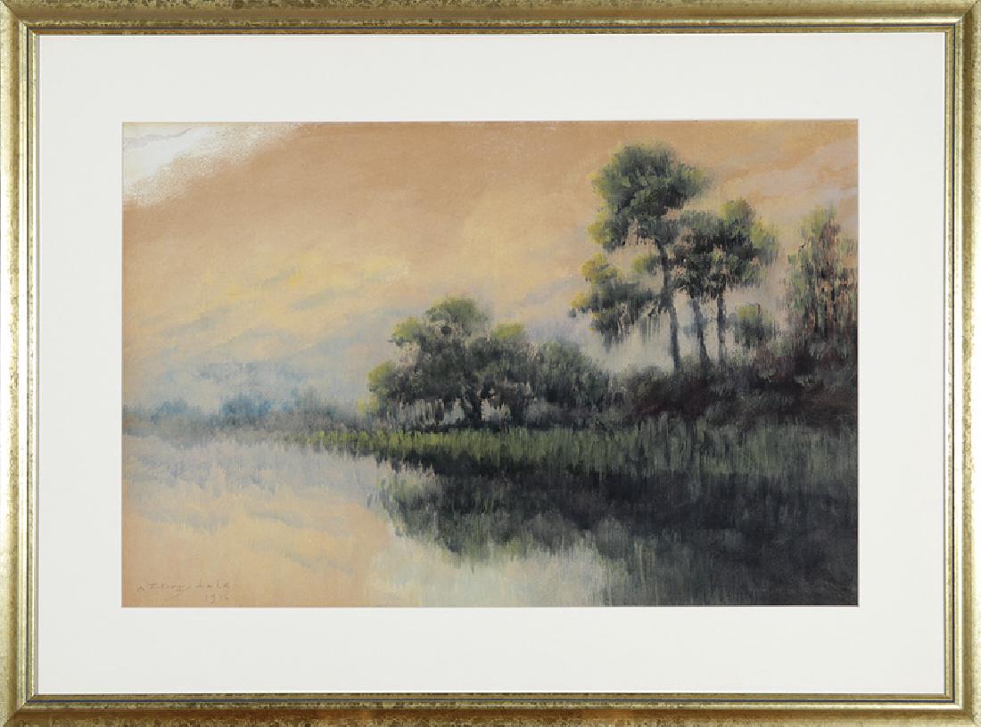 Alexander John Drysdale (American/New Orleans): Alexander John Drysdale (American/New Orleans, 1870-1934), "Louisiana Bayou", 1916, oil wash on board, signed and dated lower left, sight 19 1/2 in. x 29 1/2 in., framed