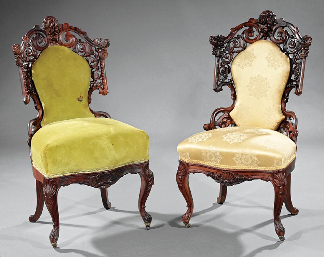 Rosewood Side Chairs prob. Baudouine: Pair of American Rococo Carved and Laminated Rosewood Side Chairs, c. 1850-1860, probably Charles Baudouine, New York, reticulated shell carved crest with cluster of flowers and scrolls, serpentine sh