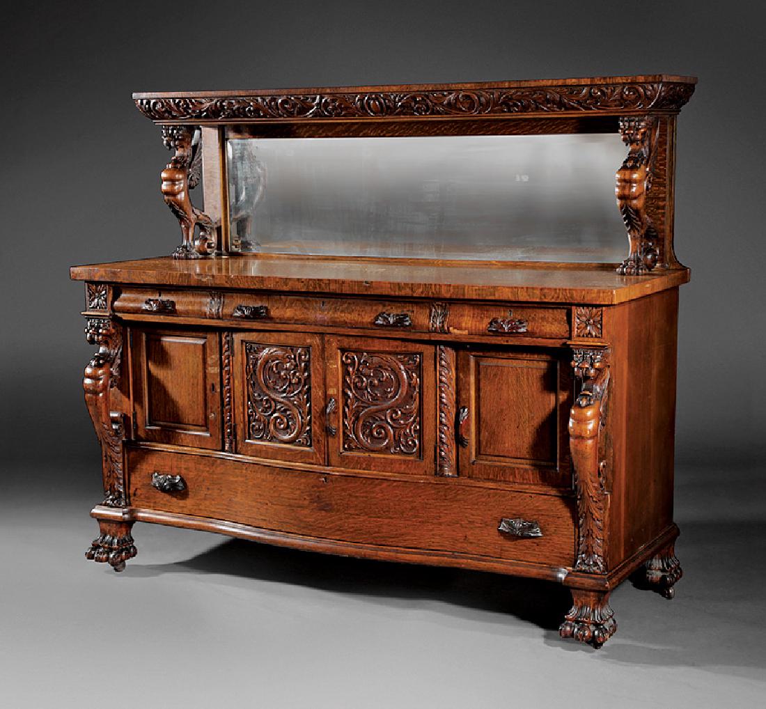 Carved Oak Sideboard, attr. Horner: American Renaissance Carved Oak Sideboard, late 19th c., attr. to R.J. Horner, New York, mirror back superstructure with griffin supports, ogee frieze drawers over carved and paneled doors, and long d