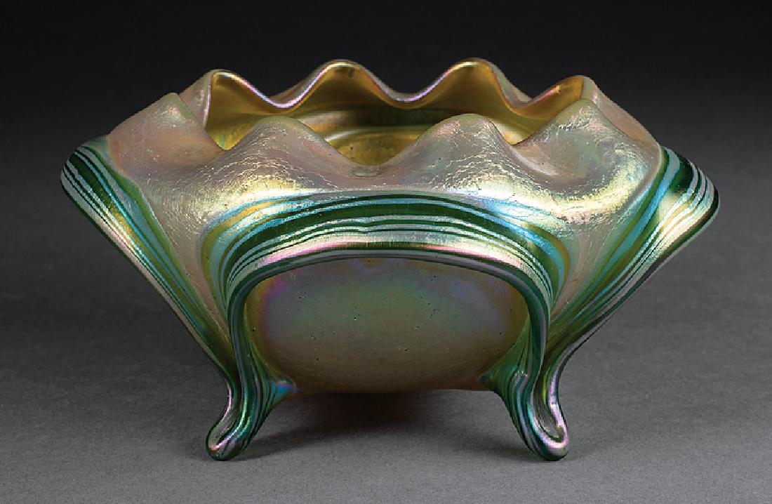 Green Iridescent Art Glass Bowl attr. Loetz: Continental Green Iridescent Art Glass Footed Bowl, early 20th c., attr. Loetz, folded rim, polished pontil mark, base unsigned, h. 3 3/4 in., w. 8 in