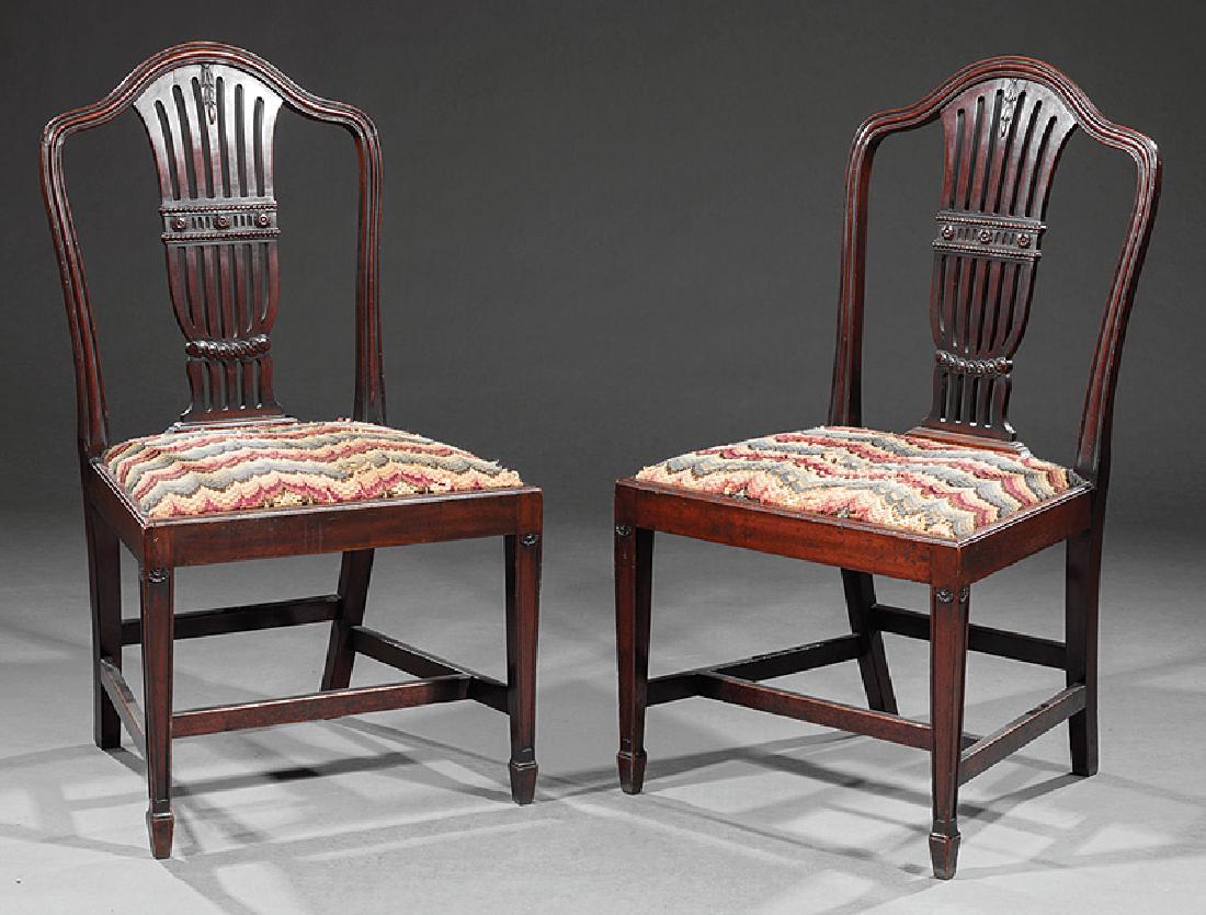 Pair of Hepplewhite-Style Mahogany Side Chairs: Pair of Antique Hepplewhite-Style Mahogany Side Chairs, 19th c., serpentine crest rail, pierced splat, square tapered legs, spade feet, h. 37 3/4 in., w. 21 in., d. 20 1/2 in