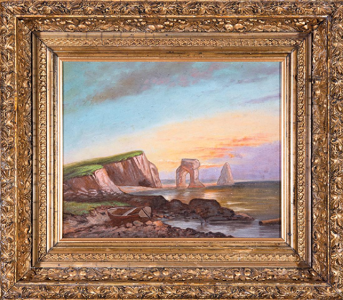 George David Coulon (French/New Orleans, 1822): George David Coulon (French/New Orleans, 1822-1904), "Arched Rock", oil on artist board, signed lower left on boat, pencil-titled en verso, 9 1/4 in. x 12 in., period frame