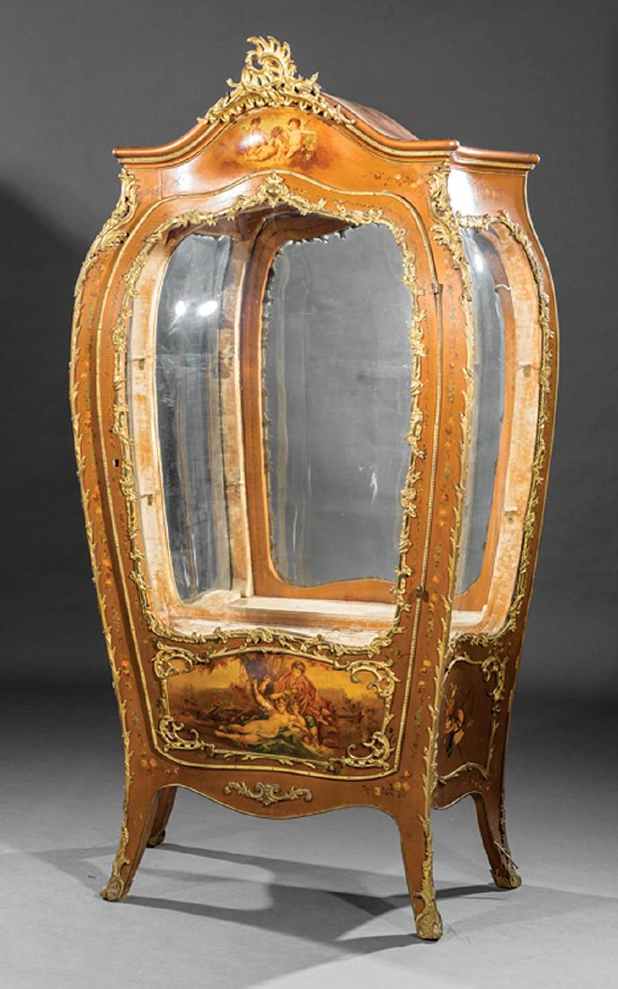 Louis XV-Style Gilt Bronze-Mounted Vernis: Antique Louis XV-Style Gilt Bronze-Mounted Vernis Martin Vitrine, molded cornice, bombe case, conforming glazed door and side panels, mirrored interior, flared legs, sabots, h. 73 1/2 in., w. 42 in., 