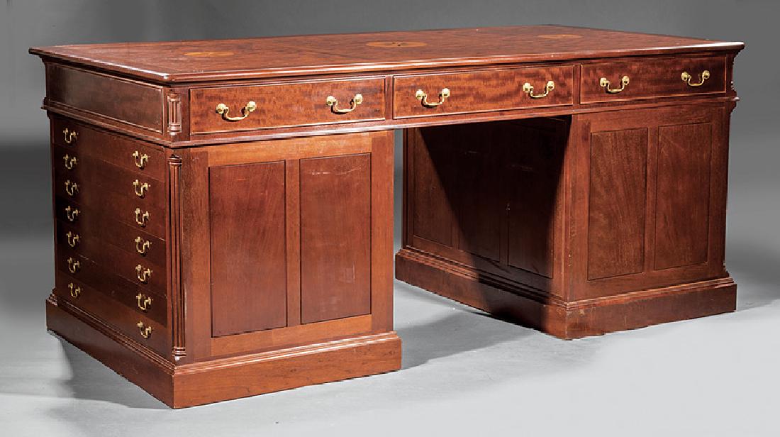 Georgian-Style Inlaid Mahogany Partner's Desk: Georgian-Style Inlaid Mahogany Partner's Desk, ton with compass star inlay, three frieze drawers, pedestals with drawers, flanked by columns, blocked molded base, h. 36 1/2 in., w. 83 3/4 in., d. 41 1