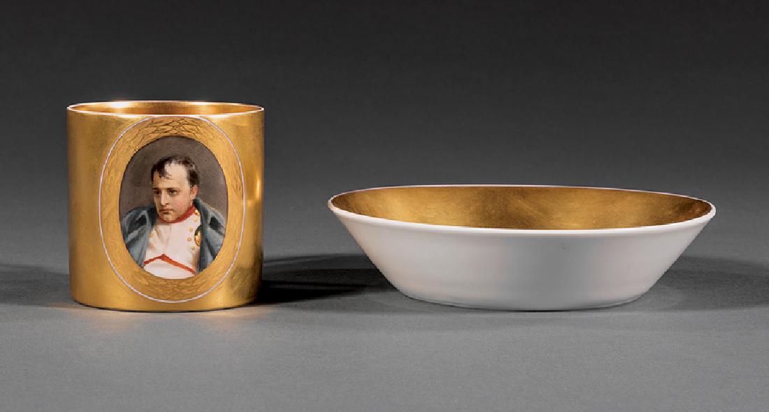 Royal Vienna-Style Porcelain Cabinet Cup/Saucer: Royal Vienna-Style Porcelain "Napoleon" Cabinet Cup and Saucer, late 19th c., "beehive" mark, h. 2 1/2 in., dia. 5 in.; together with gilt hand mirror inset with portrait miniature, l. 11 in