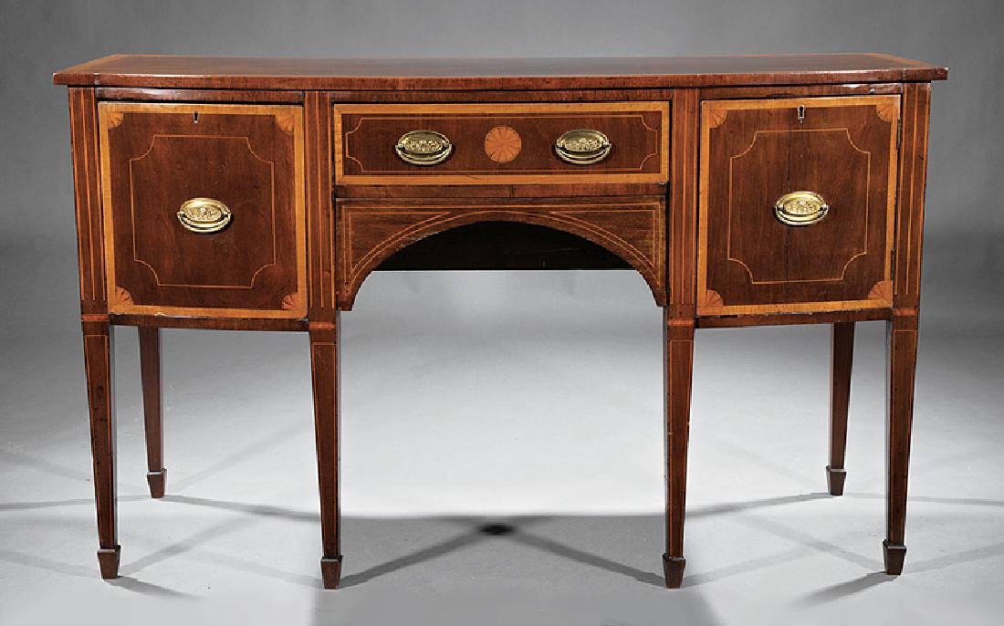 Federal-Style Inlaid Mahogany Bowfront Sideboard: Federal-Style Inlaid Mahogany Bowfront Sideboard, 19th c., crossbanded top, single drawer flanked by a deep drawer and cupboard, quarter fan inlay, square tapered legs, spade feet, poplar secondary wo