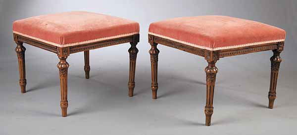 Pair of Antique Louis XVI-Style Carved Fruitwood: A Pair of Antique Louis XVI-Style Carved Fruitwood Benches , 19th c., the upholstered seats above a beaded and carved frame with rosette corners, on foliate carved, fluted, tapered and turned legs, he