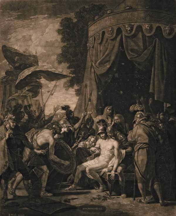 After Benjamin West, mezzotint by B. Green: After Benjamin West (British, 1738-1820) , "Epaminondas", mezzotint by B. Green, published by J. Boydell, 1774, sight 24 3/4 in. x 20 in., framed * NO RETURNS ARE ACCEPTED ON THE BASIS OF CONDITION *