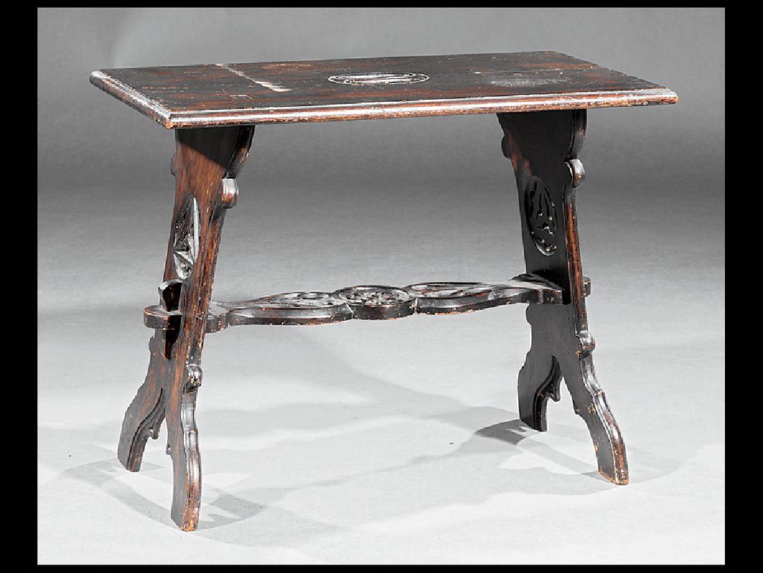 American Arts and Crafts Carved Oak Bench: American Arts and Crafts Carved Oak Bench, c. 1901-1906, stamped "Rose Valley" for Rose Valley Shops, Pennsylvania, molded top centered by a pierced handle, shaped gothicized legs, conforming stretche
