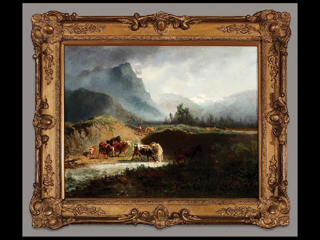 Alexandre Calame (Swiss, 1810-1864): Alexandre Calame (Swiss, 1810-1864), "Paysage de Montagne", oil on canvas, signed lower right, 19 1/4 in. x 25 1/2 in., antique frame. Provenance: Collection of Brazilian engineer Joaquim Eugenio de L