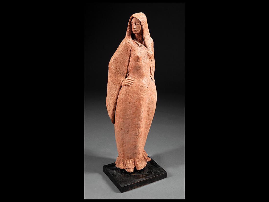 Enrique Alferez (American/New Orleans, 1901-1999): Enrique Alferez (American/New Orleans, 1901-1999), "Standing Cloaked Woman", terracotta, unsigned, h. 28 1/4 in., w. 9 1/2 in., d. 4 1/2 in., wood base, overall h. 30 1/4 in