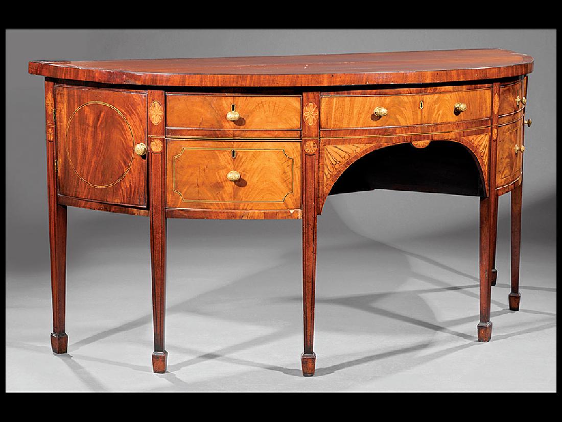 Federal Inlaid Mahogany Demilune Sideboard: American Federal Inlaid Mahogany Demilune Sideboard, late 18th/early 19th c., probably New York, fitted with drawers and cupboards, tapered legs, spade feet, h. 36 in., w. 75 1/2 in., d. 29 3/4 in