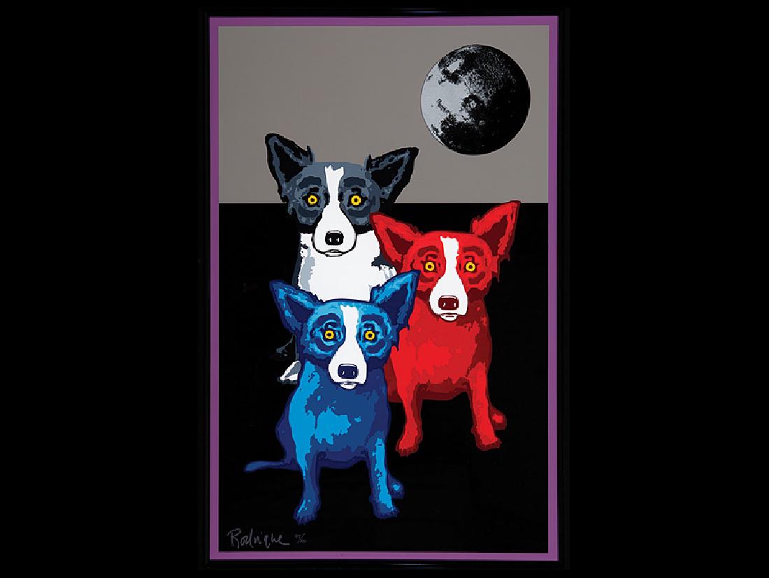 George Rodrigue (American/Louisiana, 1944-2013): George Rodrigue (American/Louisiana, 1944-2013), "Three's a Crowd", 1996, silkscreen, signed and numbered "97/100" lower left, 33 in. x 21 in., framed. Ill.: Rodrigue, George and Wendy Wolfe. George R