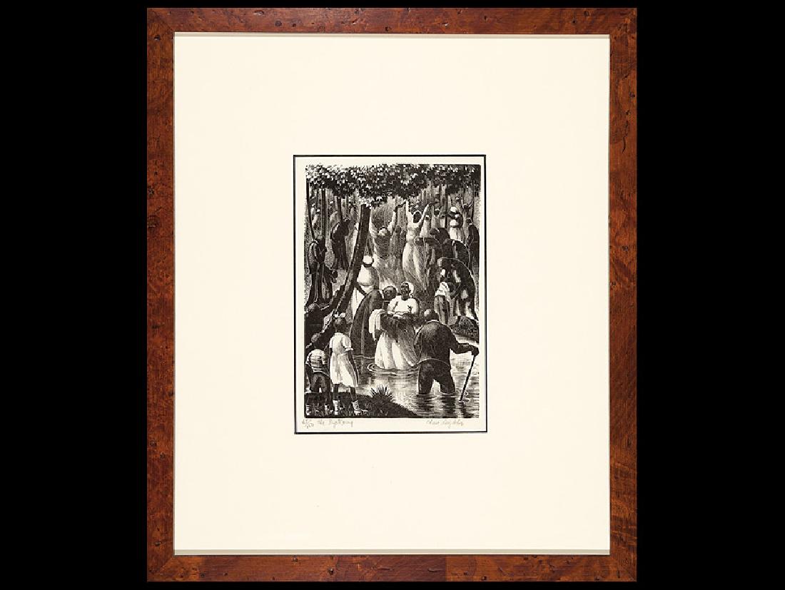 Clare Leighton (American, 1898-1989): Clare Leighton (American, 1898-1989), "The Baptizing", wood engraving, pencil-signed, titled and numbered "65/150" lower margin, "AA Dealers Association of America" label en verso, 7 in. x 4 3/4 in., 