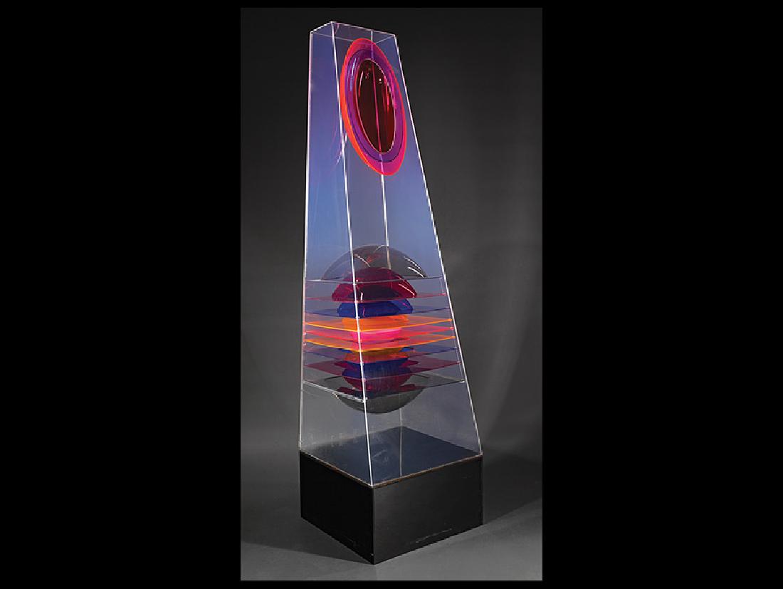 Aaronel deRoy Gruber (American/Pennsylvania): Aaronel deRoy Gruber (American/Pennsylvania, 1918-2011), "Untitled: Tower in Pink, Orange, Blue and Gray", Plexiglas, unsigned, h. 74 in., w. 23 in., d. 23 1/2 in., black Plexiglas base, overall h. 86
