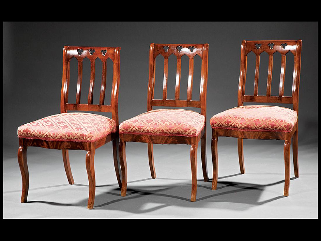 Mahogany Side Chairs attr. J. & J.W. Meeks: Three American Gothic Carved Mahogany Side Chairs, c. 1840, attr. to J. & J.W. Meeks, New York, trefoil pierced crest rail, serpentine back, serpentine seat rail, incurvate legs, h. 34 in., w. 19 1/2 
