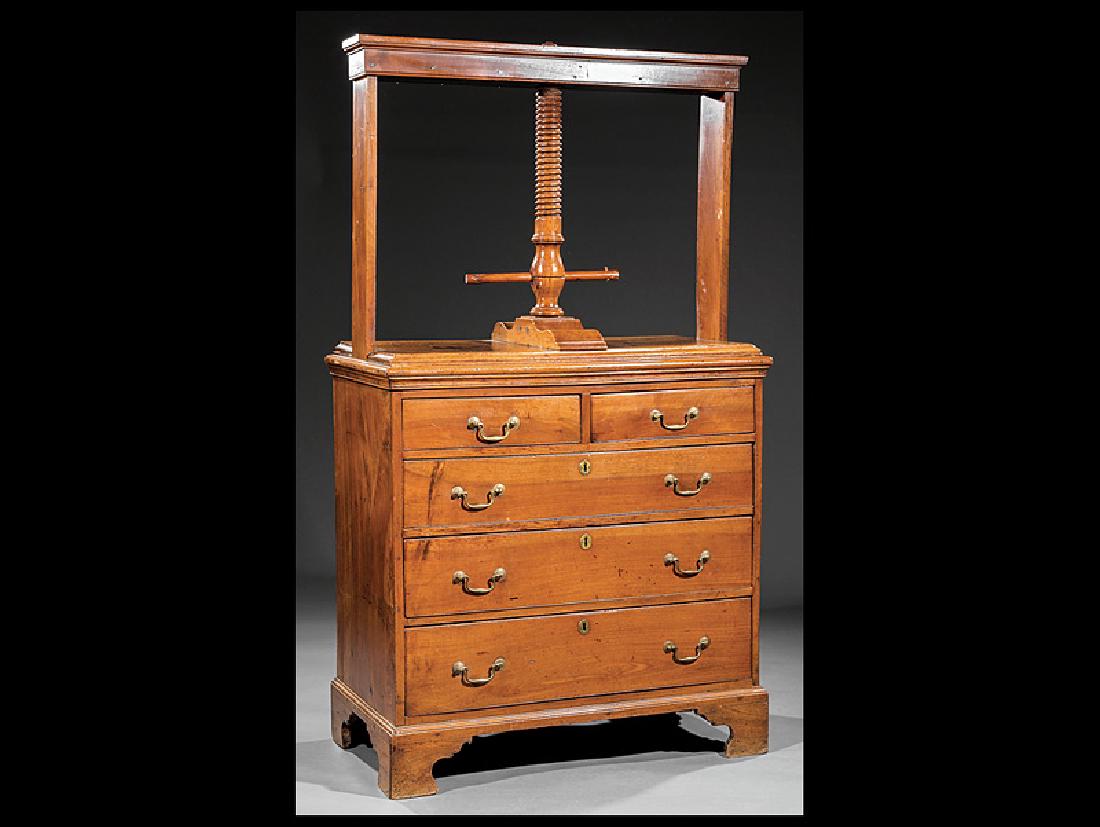 American Chippendale Walnut Chest of Drawers: American Chippendale Walnut Chest of Drawers with Linen Press, late 18th c., probably Pennsylvania, screw press superstructure, two drawers over three graduated drawers, shaped bracket feet, h. 66 in.