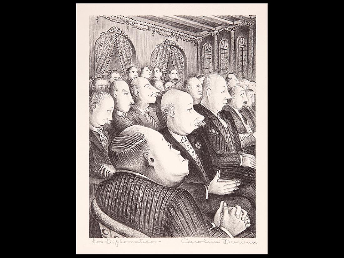 Caroline Wogan Durieux (American/Louisiana, 1896): Caroline Wogan Durieux (American/Louisiana, 1896-1989), "Los Diplomaticos", lithograph on paper, pencil-signed and titled lower margin, artist label with title and pencil inscription "Edition of 10 pr