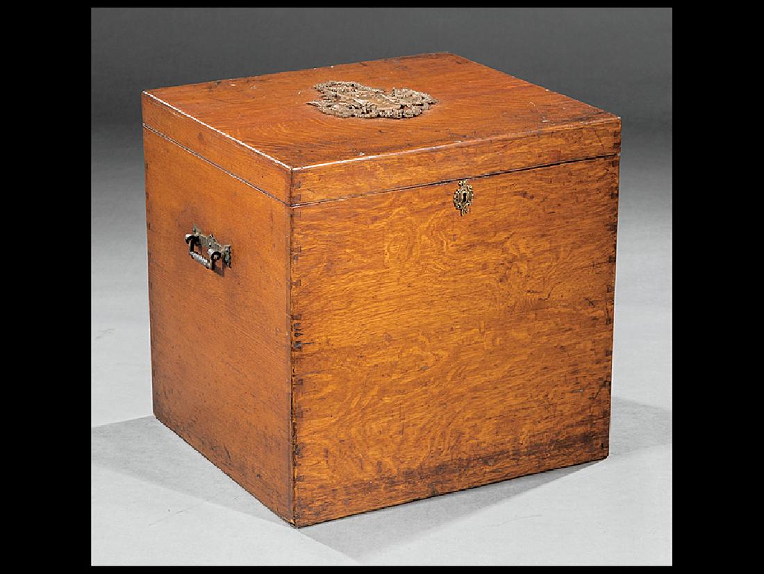 Edwardian Oak Silver Chest: Edwardian Oak Silver Chest, c. 1905, hinged lid with elaborate bronze mount, bale handles, baize-lined interior with removable trays, h. 22 in., w. 22 1/2 in., d. 20 1/2 in