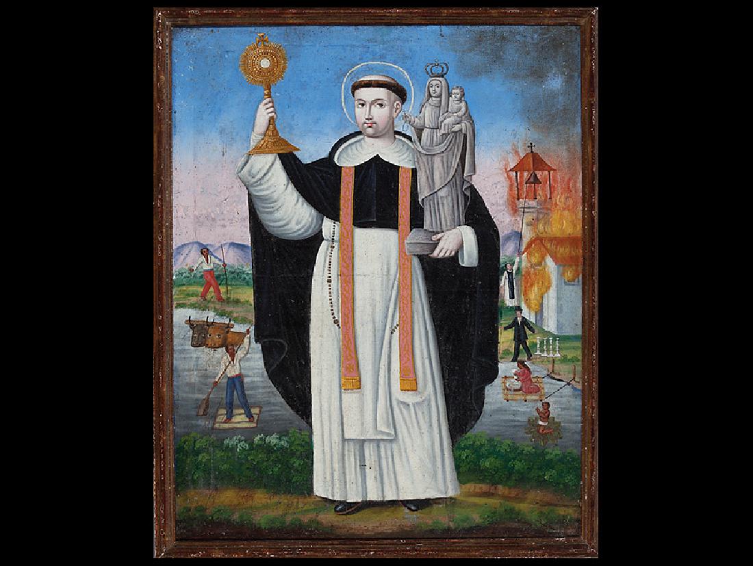 Spanish Colonial School, mid-17th/19th c.: Spanish Colonial School, mid-17th/19th c., "San Jacinto (Saint Hyacinth)", oil on canvas, unsigned, 31 1/4 in. x 24 1/2 in., antique frame Note: For a similar rendition of St. Hyacinth, see "San Jacin