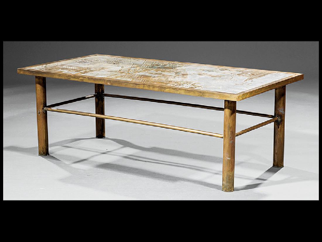 Philip and Kelvin LaVerne "Ming" Coffee Table: Vintage Philip and Kelvin LaVerne "Ming" Coffee Table, 1960s, rectangular top with etched and patinated bronze and pewter Chinese scene over wood, raised signature: "Phillip Kelvin LaVerne", round leg