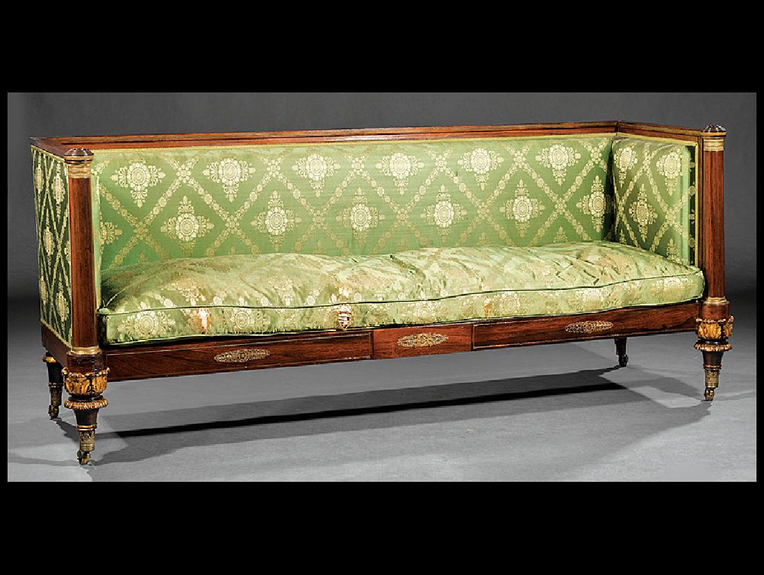 Rosewood Box Sofa attr. Duncan Phyfe: American Classical Parcel Gilt and Ormolu-Mounted Rosewood Box Sofa, c. 1820, attr. to Duncan Phyfe, New York, die-cut brass inlaid crest rail, columnar stiles, paneled seat rail, acanthus-carved legs
