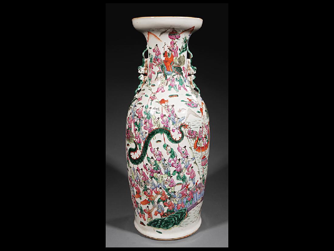 Chinese Famille Rose Porcelain Baluster Vase: Large Chinese Famille Rose Porcelain Baluster Vase, late 19th/early 20th c., confronting Buddhist lion handles, decorated with scenes from a Boy's Day celebration, h. 24 1/4 in
