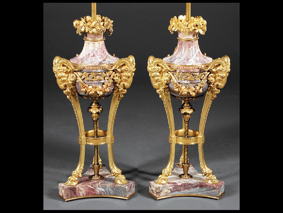 Gilt Bronze, Breche Violette Marble Cassolettes: Pair of Fine Empire-Style Gilt Bronze and Breche Violette Marble Cassolettes, late 19th c., grape cluster collar, ram's head mounts, hoof feet, incurvate triangular plinth, h. 18 in., dia. 8 in., now 