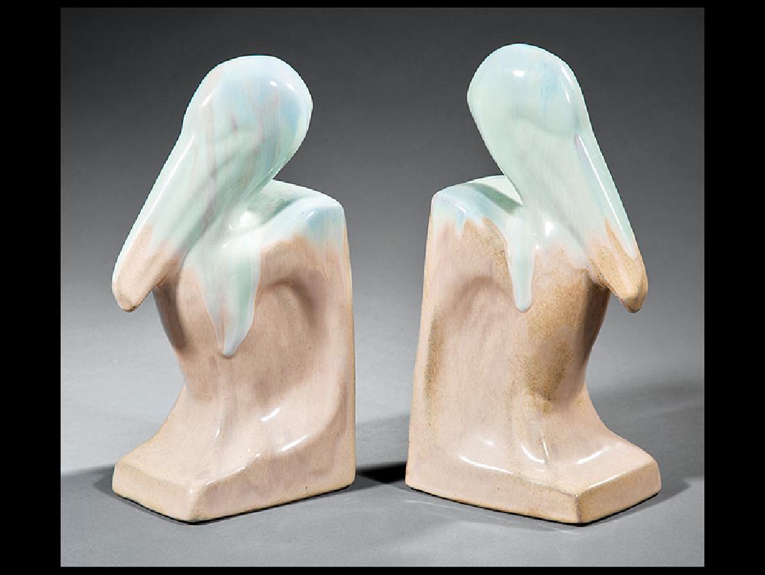 Shearwater Pottery Figural Pelican Bookends: Pair of Shearwater Pottery Figural Pelican Bookends, 2009, impressed mark and date on both bases, shoal glaze, h. 10 1/4 in., w. 4 1/4 in