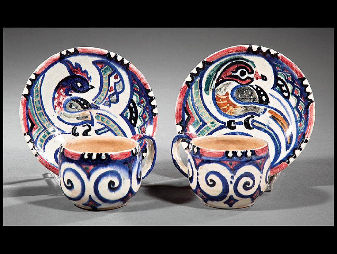 Shearwater Art Pottery Cups and Jiggered Saucers: Two Pairs of Shearwater Art Pottery Cups and Jiggered Saucers, c. 1950, cups in the "Wave" design and saucers in the "Wood Duck" design decorated by Walter Inglis Anderson, thrown by Peter Anderson, h