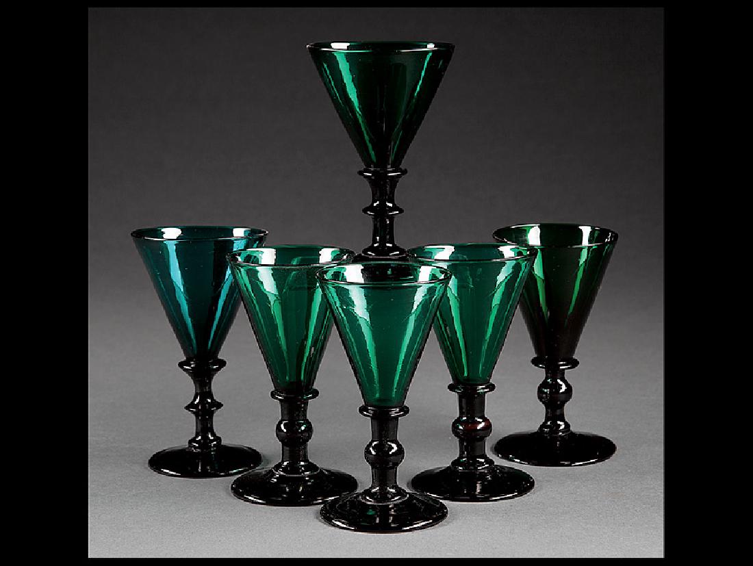 Twelve English Blown Green Glass Wine Glasses: Set of Twelve English Blown Green Glass Wine Glasses, 19th c., probably Bristol, h. 4 7/8 in. to 5 1/8 in