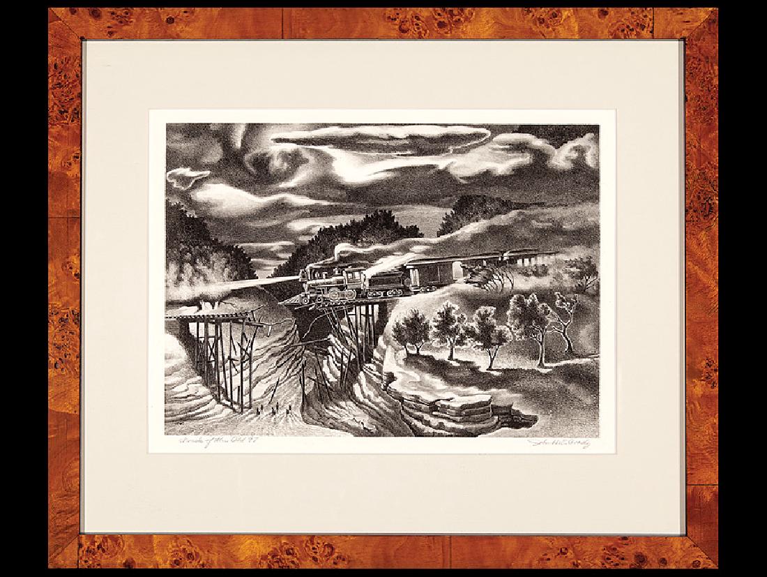 John McCrady (American/New Orleans, 1911-1968): John McCrady (American/New Orleans, 1911-1968), "Wreck of the Old 97", lithograph, monogrammed in plate lower right, pencil-signed and titled lower margin, 10 1/2 in. x 14 1/2 in., framed